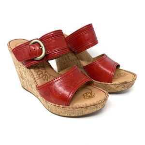 Born Neely Red Leather 3" Cork Wedge Sandals Womens Sz 8 Slip On Buckle Platform